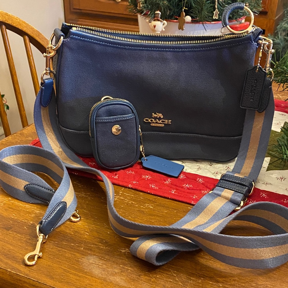 Coach Dark Blue Crossbody Bag with Striped Strap